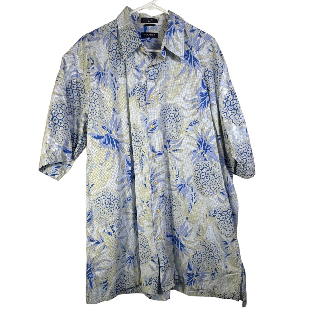 Nautica XLT Pineapple Hawaiian Camp Shirt Blue 100% Cotton Tropical Button Up